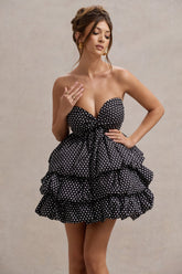 Black Polka Dot Strapless Ruffled Mini Dress